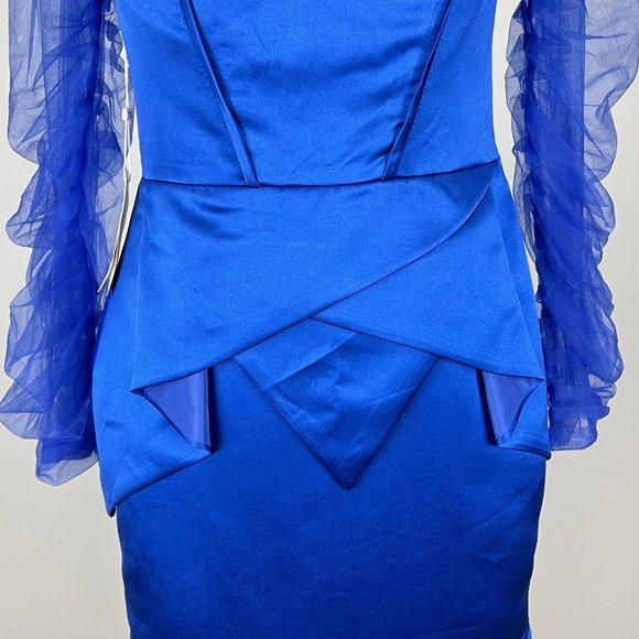 TS Couture Womens Cocktail Dress Blue Long Tulle Sleeves Sheath size Large - Picture 6 of 16